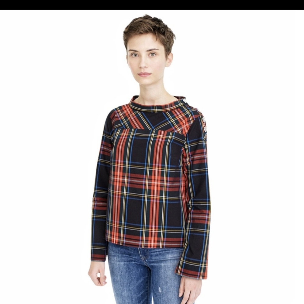 J. Crew Jeweled Funnelneck Top in Stewart Plaid